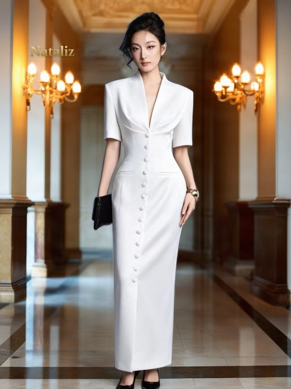 Tailored Button-Front Maxi Dress with Back Slit model front view