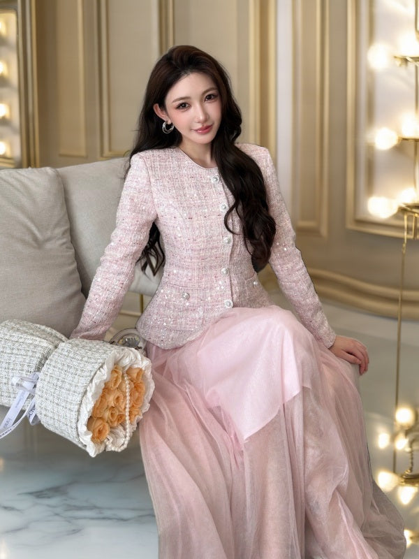 Pink Tweed Jacket and Tulle Midi Skirt Set model front view · nz-bg-v1