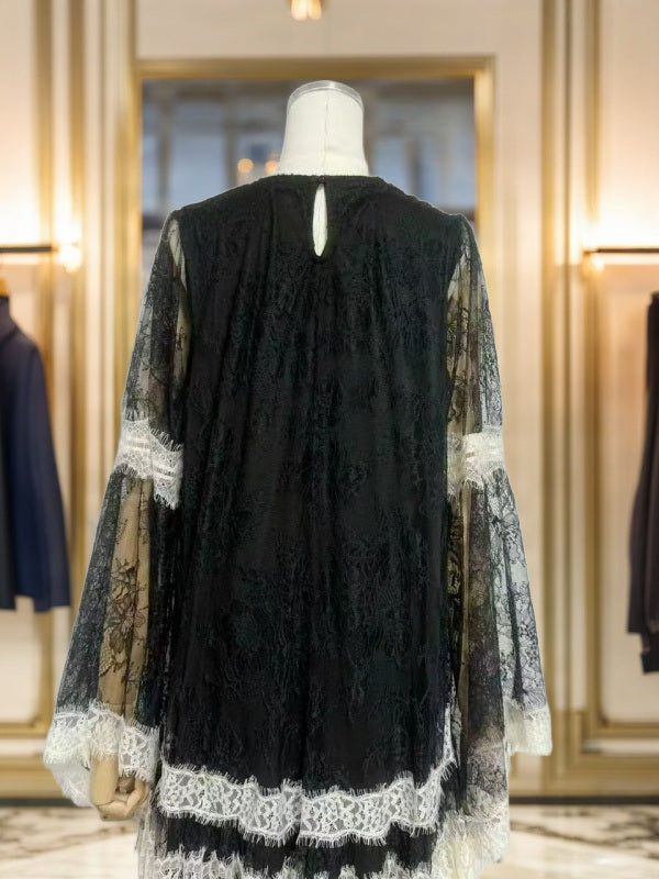 Contrast Lace Maxi Gown with Bell Sleeves mannequin view · nz-bg-v1