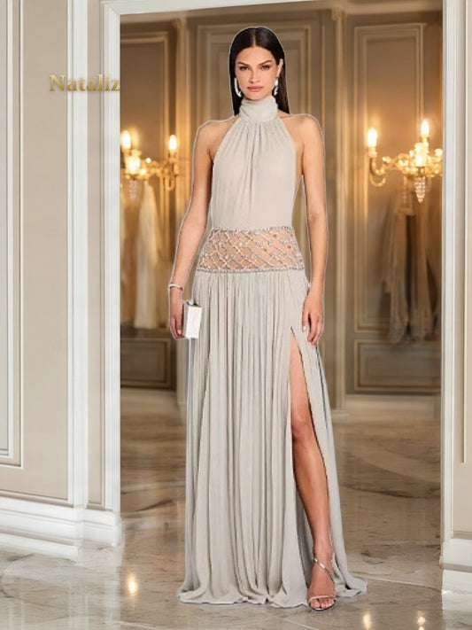 Beaded Waist High-Neck Halter Maxi Dress in Taupe model front view