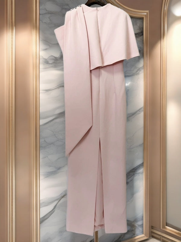 Blush Pink Embellished Cape Maxi Gown hanging view · nz-bg-v1