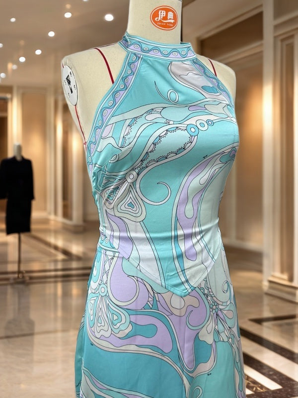 Swirl Print Halter Top and Handkerchief Hem Midi Skirt Set mannequin view · nz-bg-v1