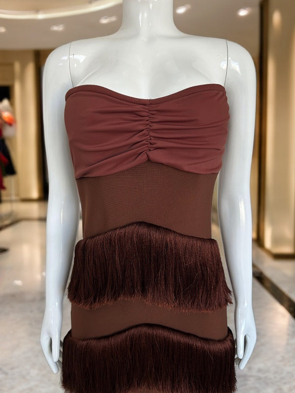 Strapless Fringe Tiered Midi Dress in Chocolate mannequin view · nz-bg-v1
