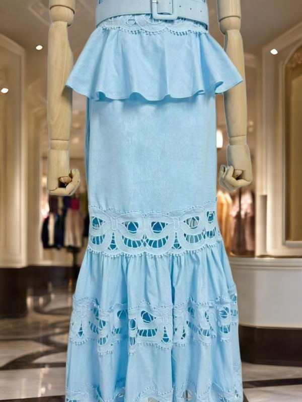 Belted Peplum Maxi Dress with Lace Cutwork Hem mannequin view · nz-bg-v1