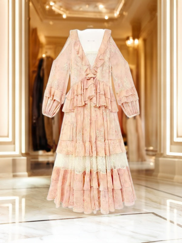 Blush Tiered Ruffle Maxi Dress with Lace Panels mannequin view · nz-bg-v1