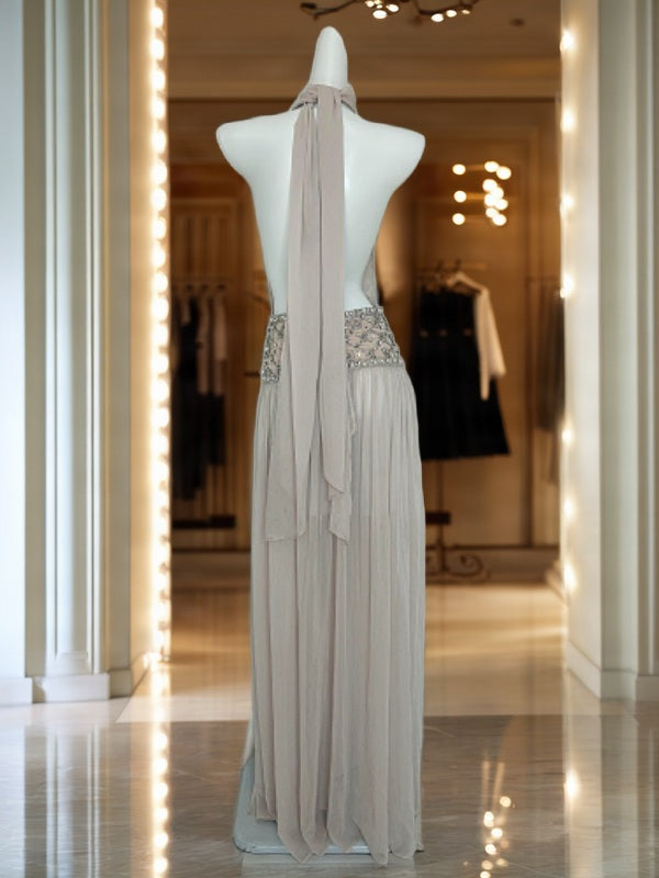 Beaded Waist High-Neck Halter Maxi Dress in Taupe mannequin view · nz-bg-v1