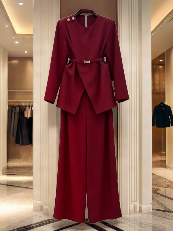 Belted Wrap-Front Top and Wide-Leg Trouser Set flat lay view · nz-bg-v1