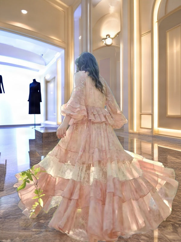 Blush Tiered Ruffle Maxi Dress with Lace Panels model back view · nz-bg-v1