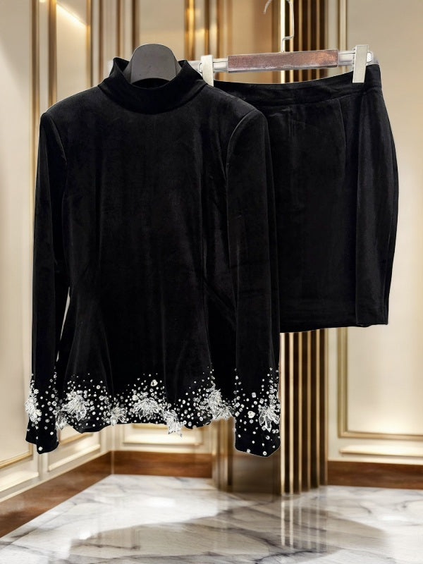 Embellished Velvet Top and Mini Skirt Set hanging view · nz-bg-v1