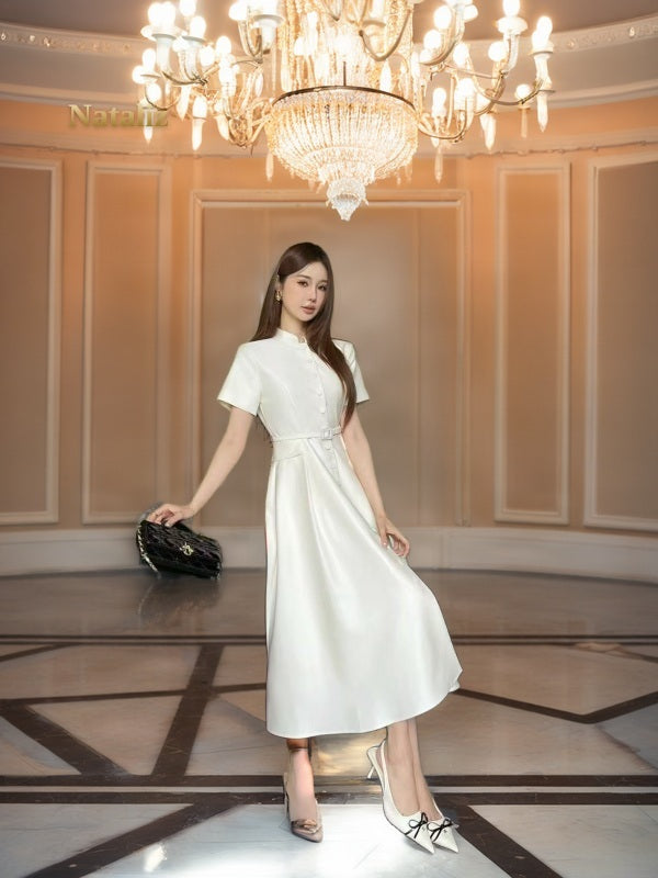 Mandarin Collar Button-Front Midi Dress model front view · nz-alt-v1