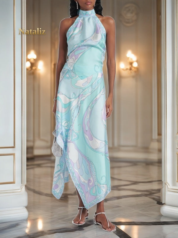 Swirl Print Halter Top and Handkerchief Hem Midi Skirt Set model front view
