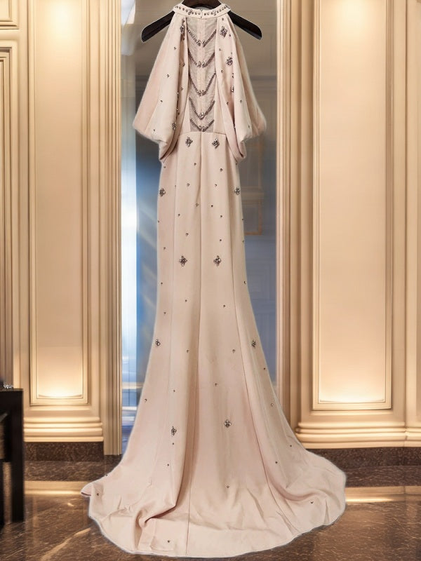 Beaded Halter Maxi Gown in Blush Pink hanging view · nz-bg-v1