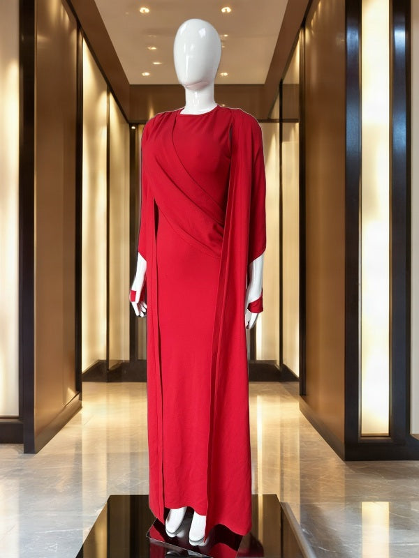Draped Cape-Sleeve Maxi Dress in Red mannequin view · nz-bg-v1