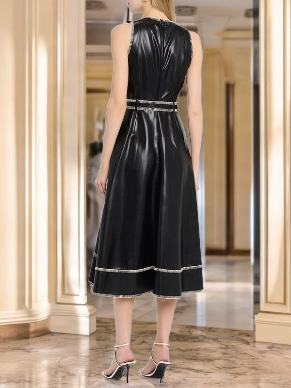 Contrast Whipstitch Belted Sleeveless Midi Dress model back view · nz-bg-v1
