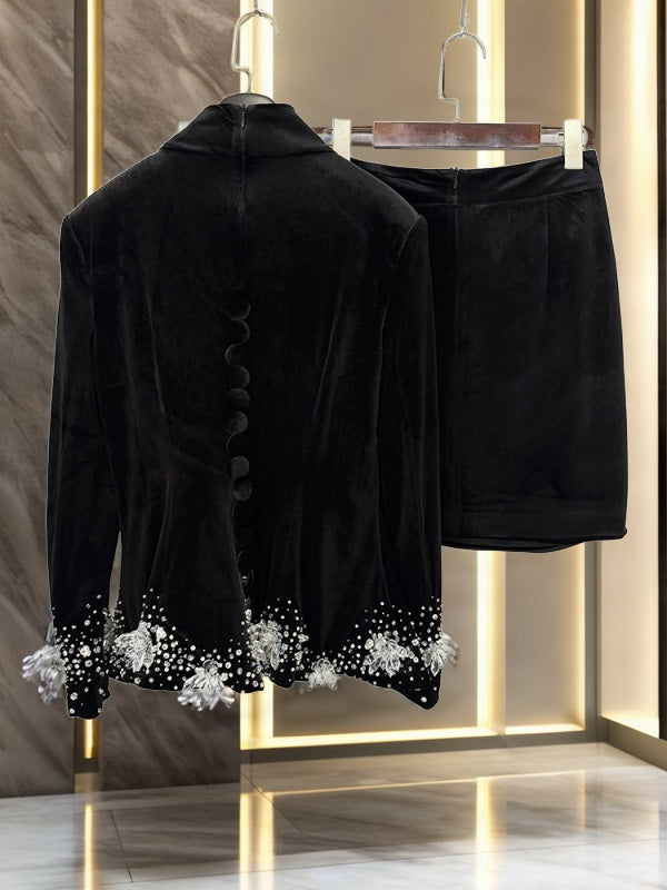 Embellished Velvet Top and Mini Skirt Set hanging view · nz-bg-v1