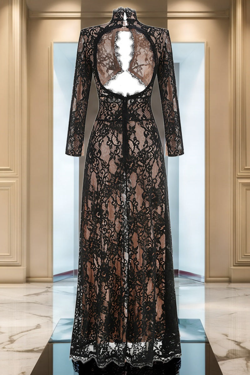 Lace High-Neck Cut-Out Maxi Dress with Thigh Slit model back view · nz-bg-v1