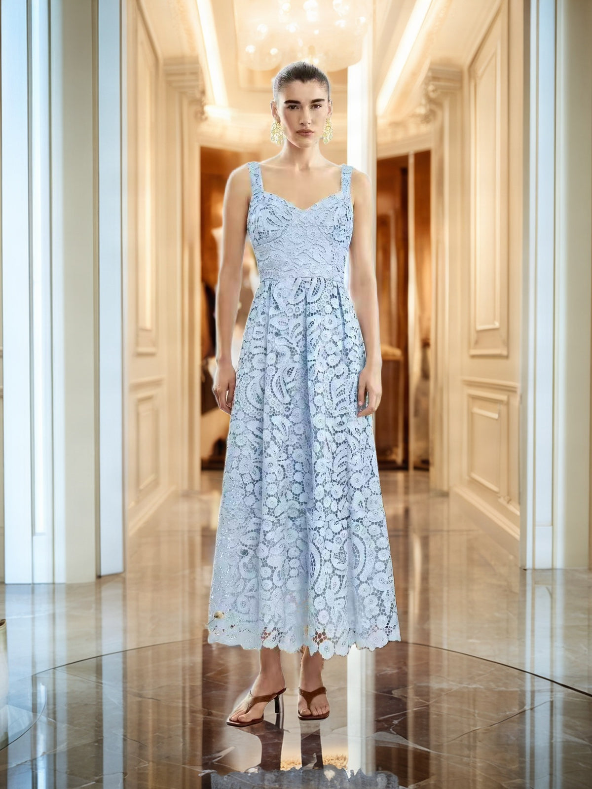 Scalloped Lace Midi Dress with Sweetheart Neckline model front view · nz-bg-v1