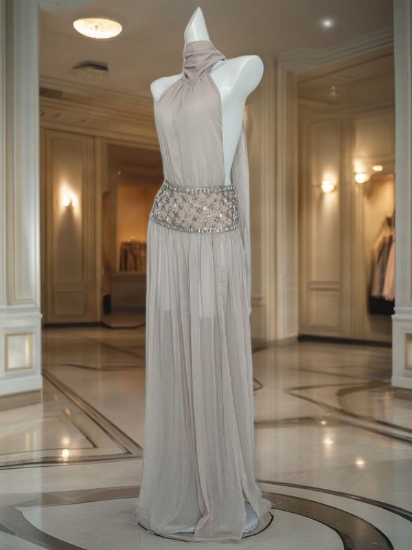 Beaded Waist High-Neck Halter Maxi Dress in Taupe mannequin view · nz-bg-v1