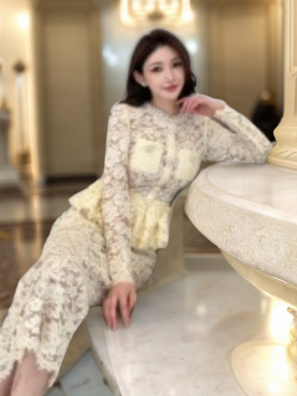 Ivory Lace Peplum Top and Maxi Skirt Set model front view · nz-bg-v1