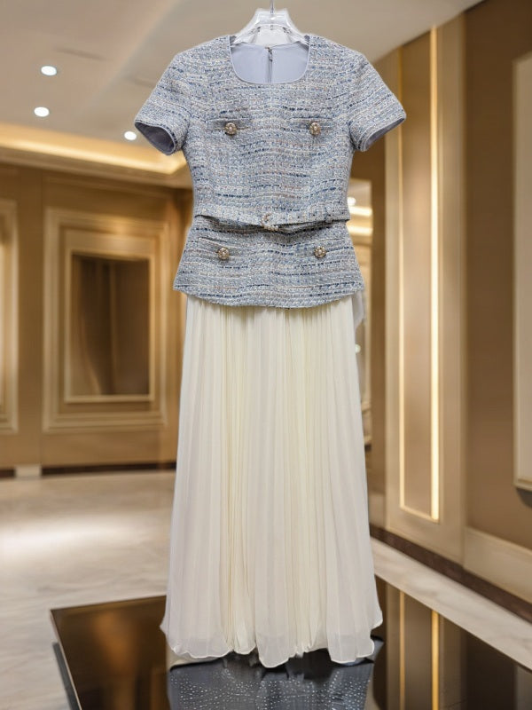 Belted Tweed Top & Pleated Maxi Skirt Set hanging view · nz-bg-v1