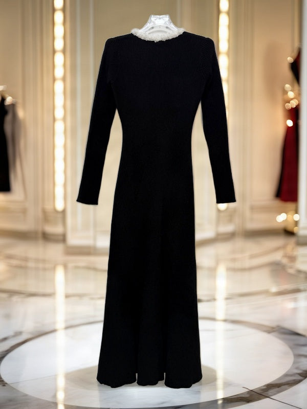 Contrast Trim Long Sleeve Knit Maxi Dress in Black hanging view · nz-bg-v1