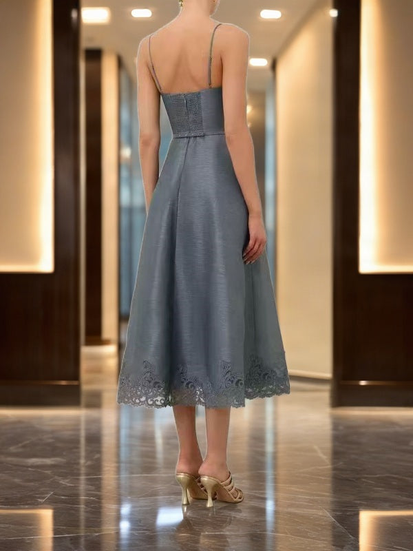 Lace-Trim Sweetheart Midi Dress in Dusty Blue model back view · nz-bg-v1