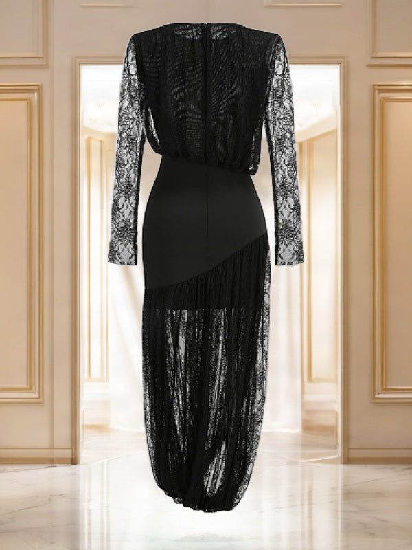 Sheer Floral Lace Long Sleeve Maxi Dress in Black model back view · nz-bg-v1