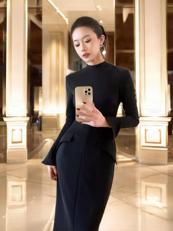 Mock Neck Long Sleeve Tailored Maxi Dress model front view · nz-bg-v1