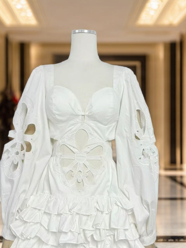 Floral Cutwork High-Low Maxi Dress with Puff Sleeves mannequin view · nz-bg-v1