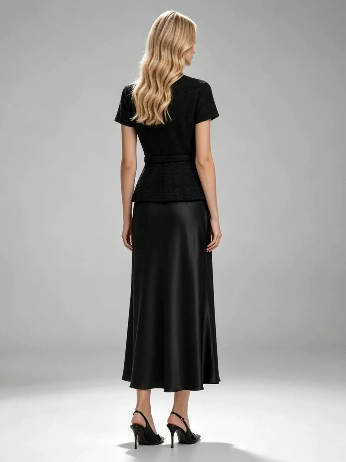 Tweed Two Piece Set Top & Maxi Skirt black model back view · nz-alt-v1