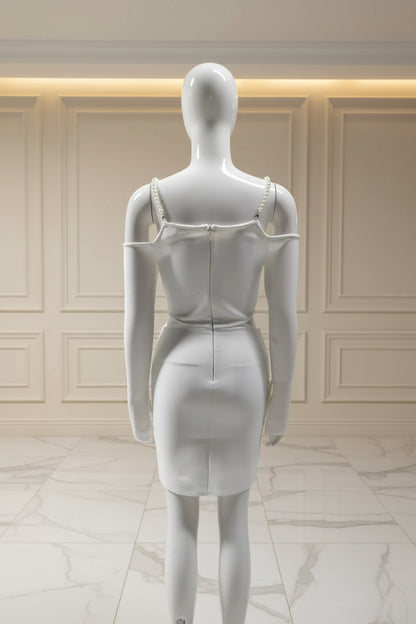 Beaded Cutout Mini Knitted Long Sleeves White Dress back view · nz-bg-v1