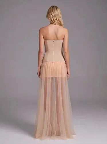 Champagne Sweetheart Strapless Beaded Floor-Length A-Line Dress model back view · nz-alt-v1