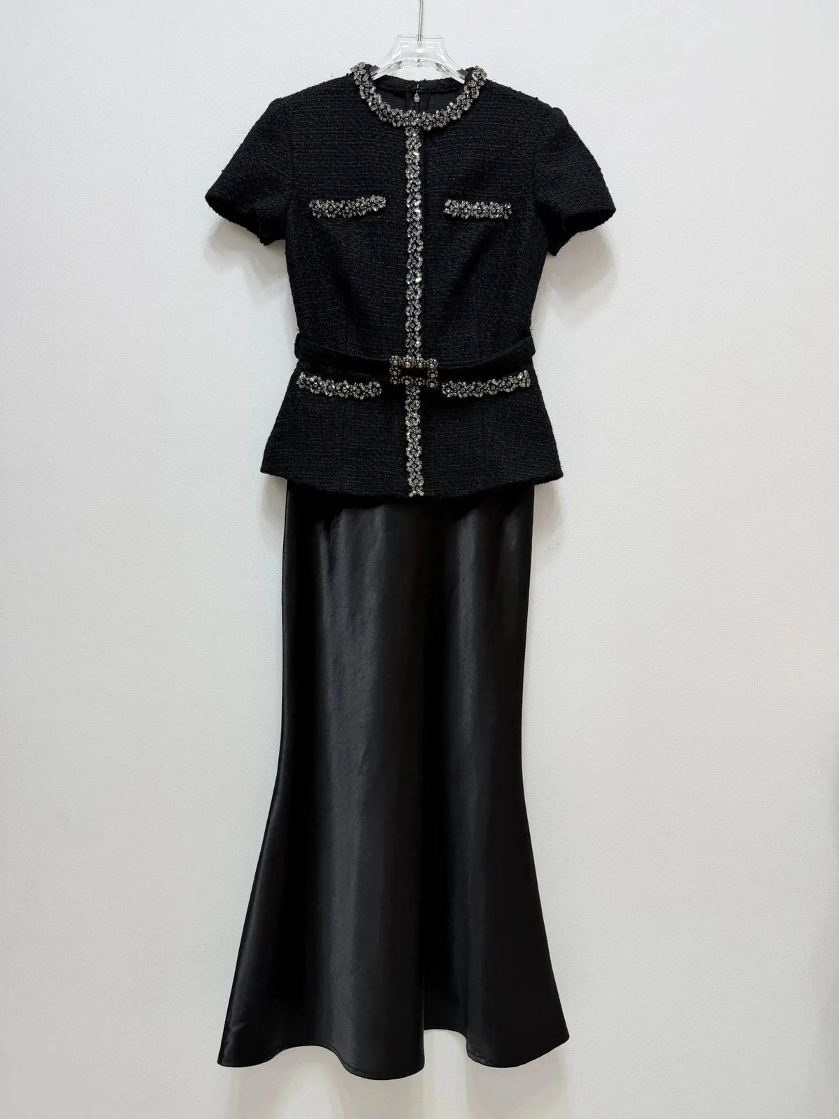 Tweed Two Piece Set Top & Maxi Skirt black hanging view · nz-alt-v1