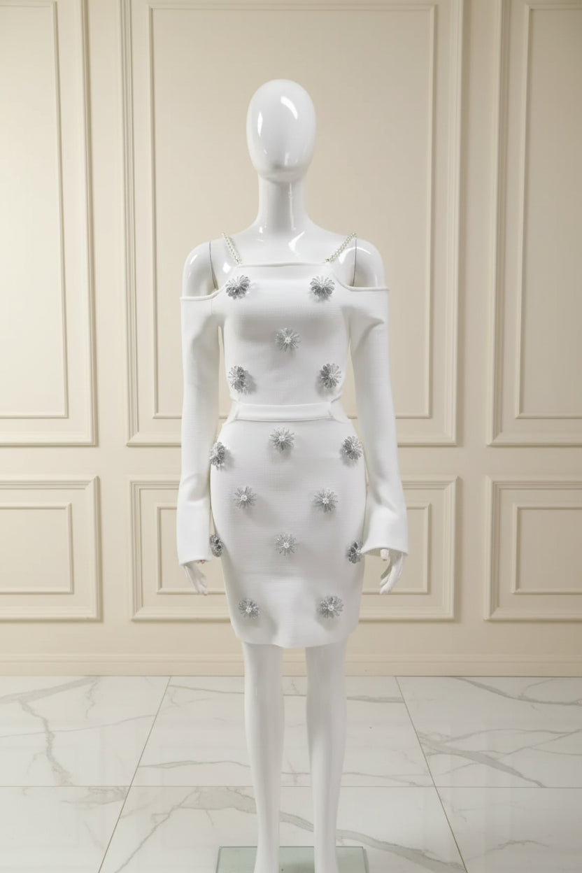 Beaded Cutout Mini Knitted Long Sleeves White Dress front view · nz-bg-v1