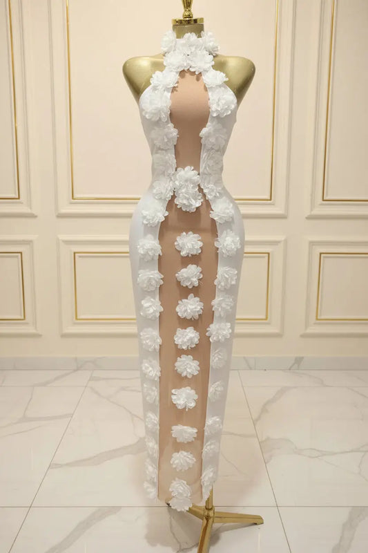 3D Floral Applique Evening Dress mannequin front view · nz-bg-v1
