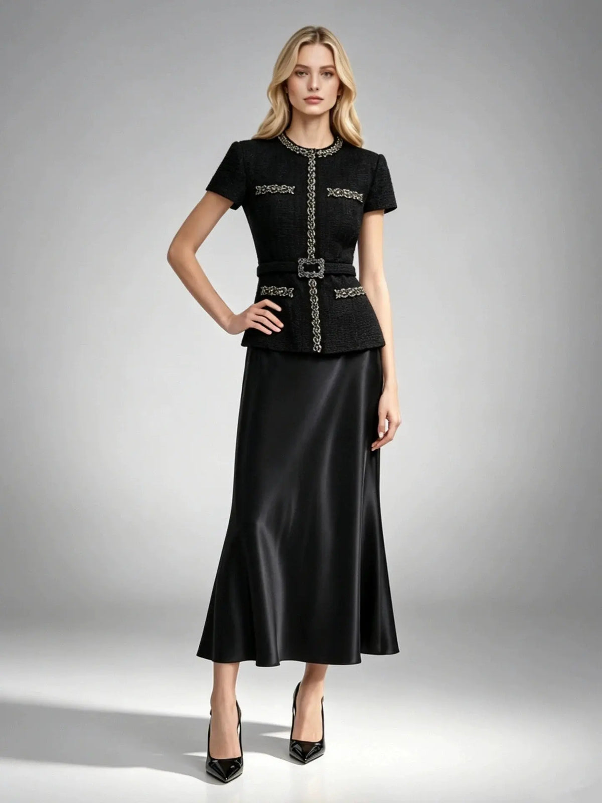 Tweed Two Piece Set Top & Maxi Skirt black model front view · nz-alt-v1