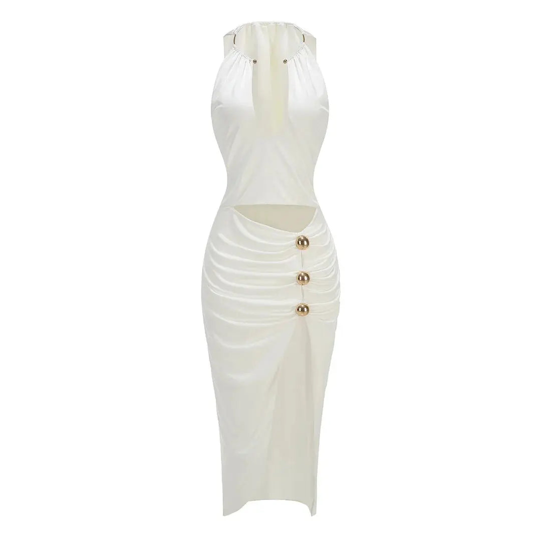 Solid Long White Jersey V-Neck Neck Slim Fit Evening Dress - White / S