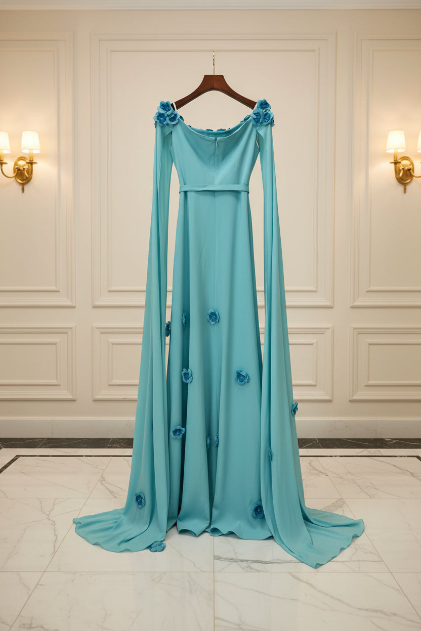 3D Flowers Formal Off Shoulder Dress back view · nz-bg-v1
