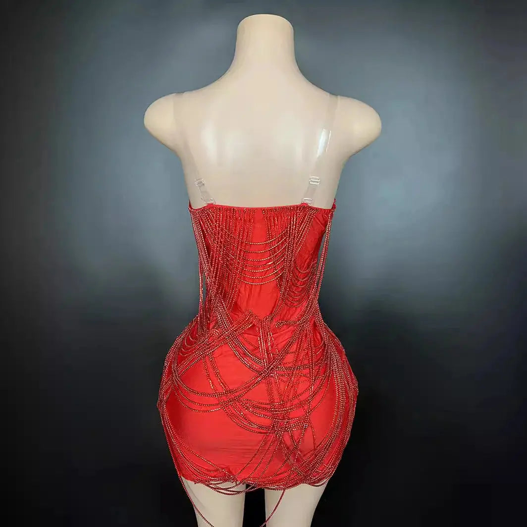 Red Crystal Rhinestone Fringe Mini Dress mannequin view · nz-alt-v1