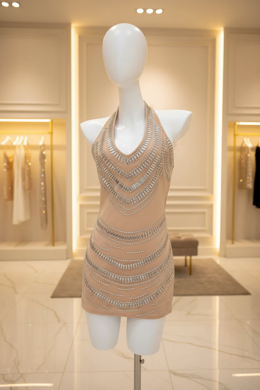 Nude Halter Neck Mini Dress Silver Rhinestone detail view · nz-bg-v1