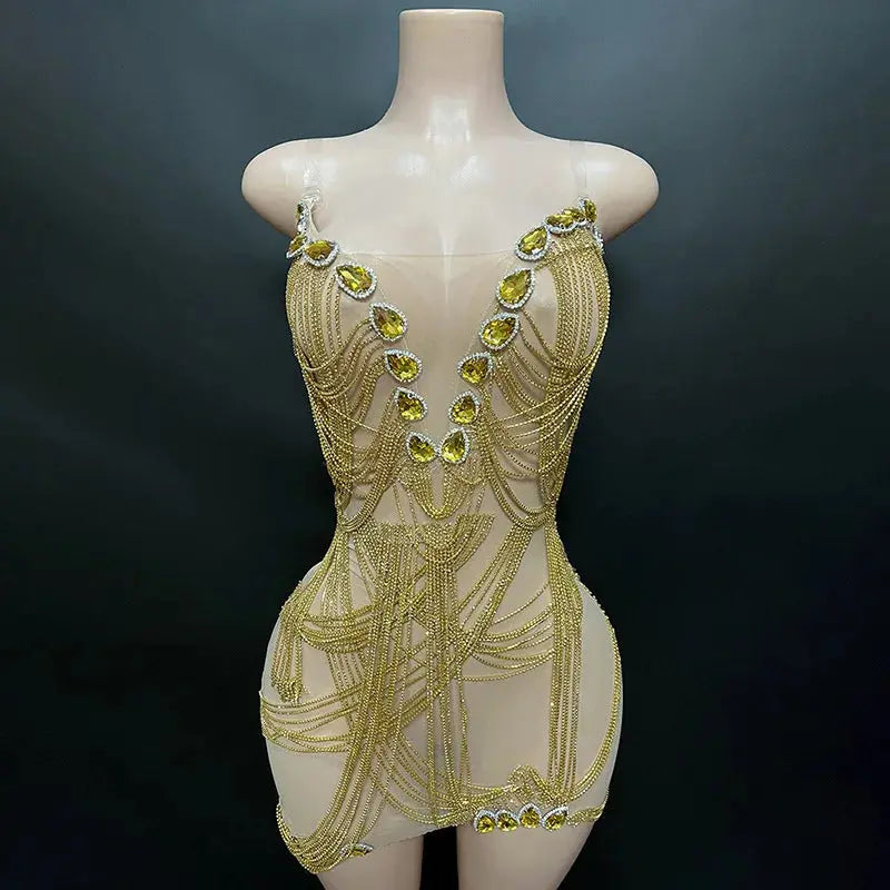 Crystal Rhinestone Fringe Mini Dress gold mannequin view · nz-alt-v1