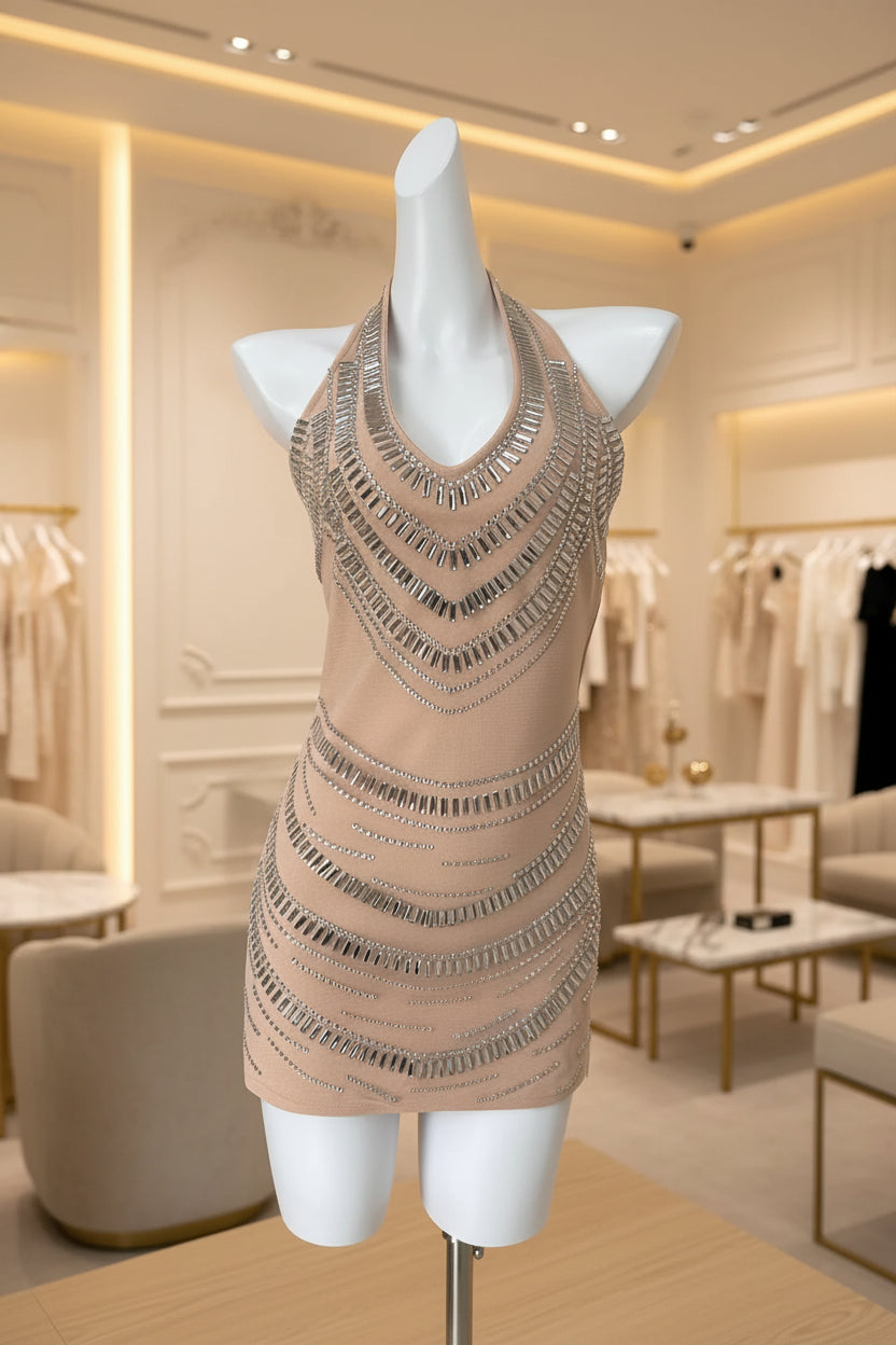Nude Halter Neck Mini Dress Silver Rhinestone boutique view · nz-bg-v1