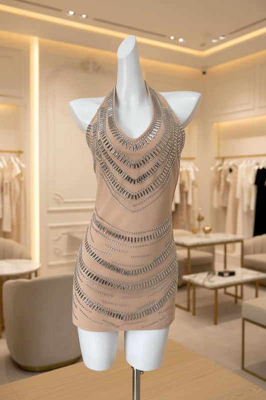 Nude Halter Neck Mini Dress Silver Rhinestone boutique view · nz-bg-v1