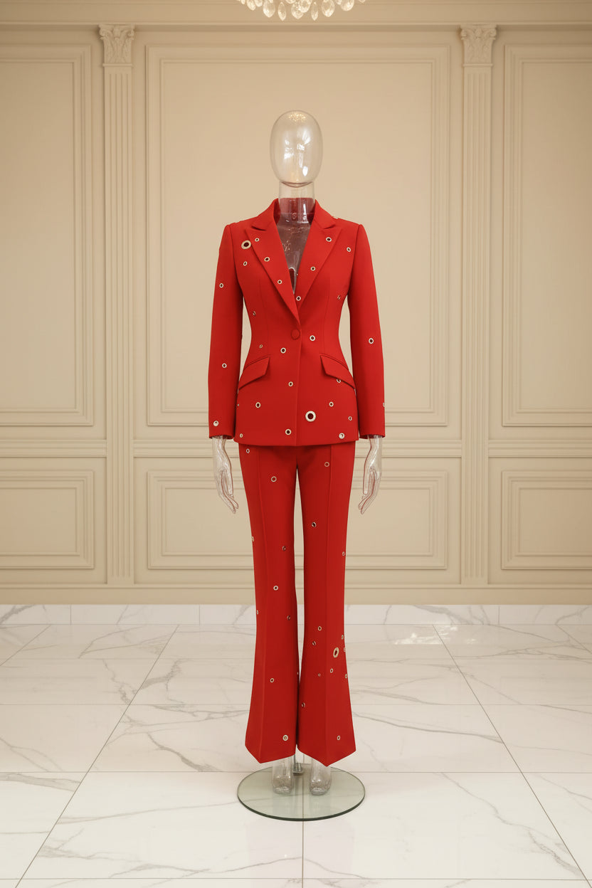 Metal Hole One Button Suit Pants Set red mannequin view · nz-bg-v1