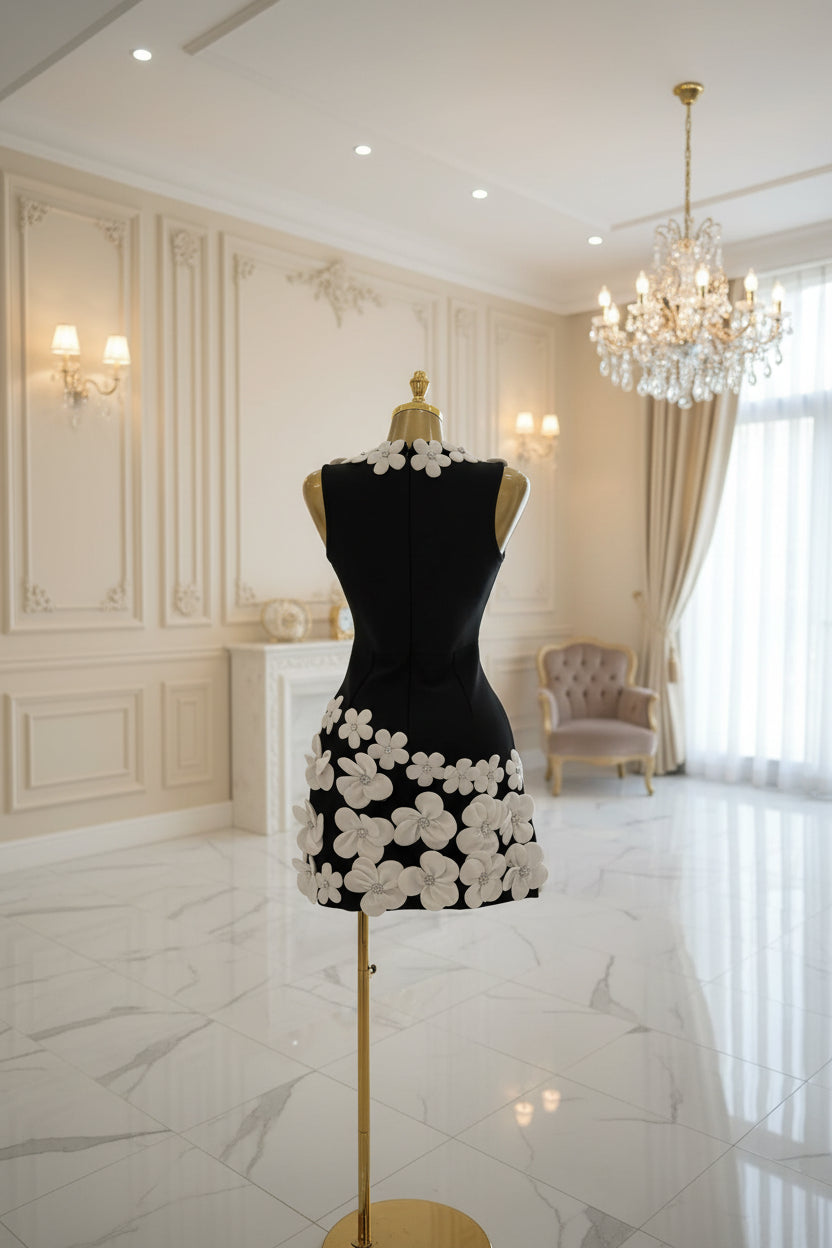 Deep V Neck Floral Applique Bodycon Mini Dress black back view · nz-bg-v1