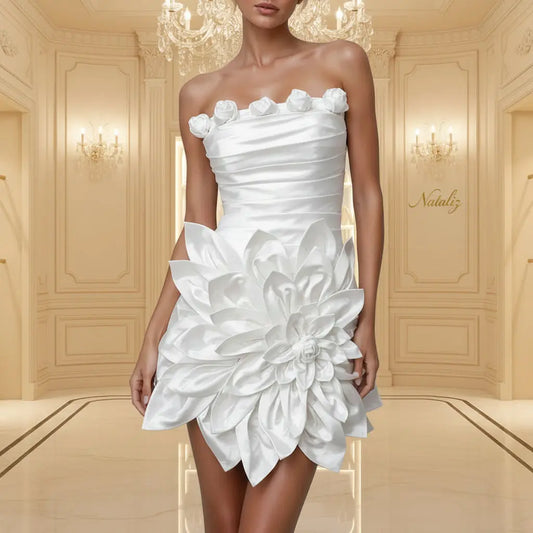 White 3D Flower Applique Mini Dress model front view · nz-main-v2