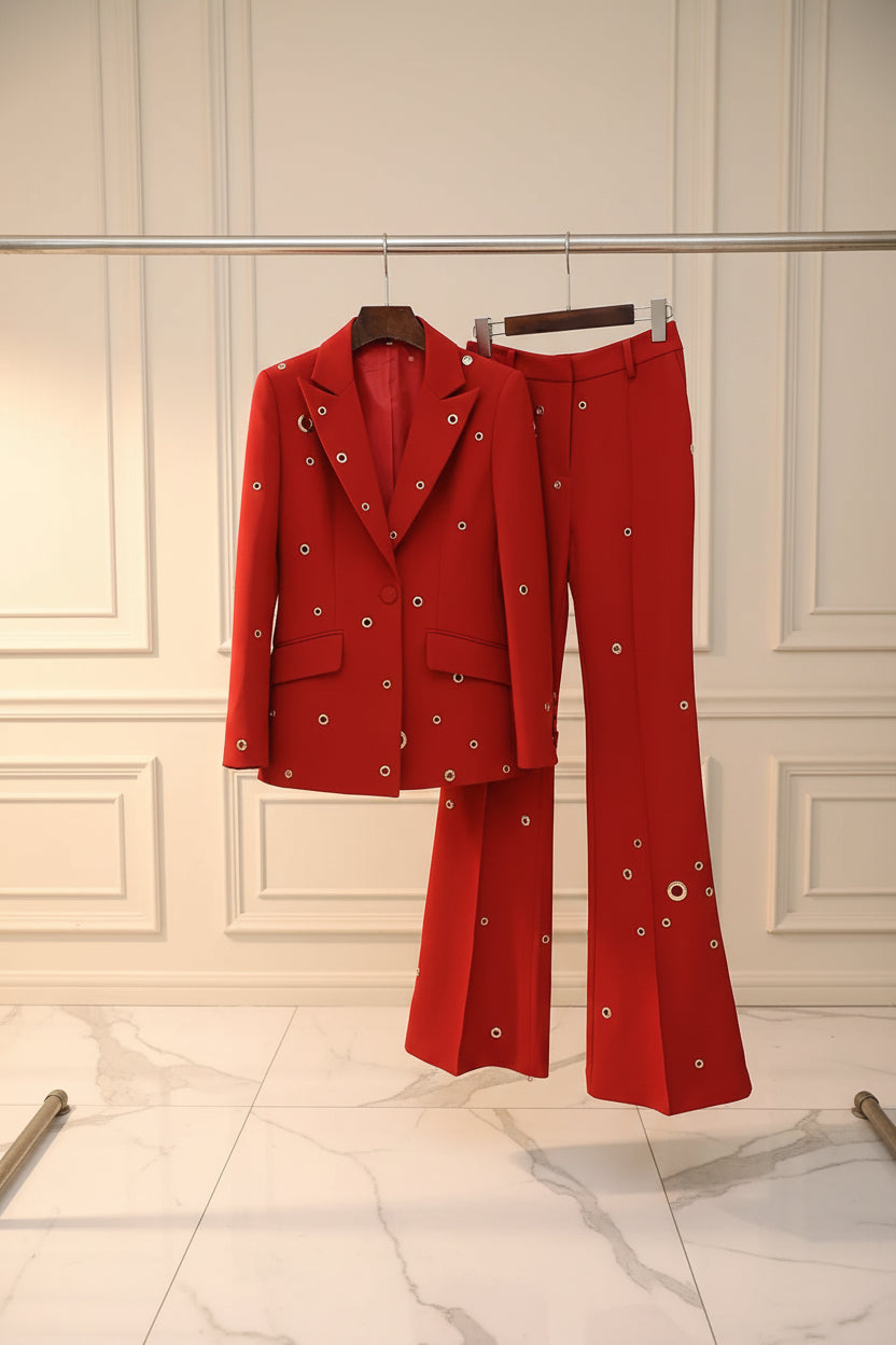 Metal Hole One Button Suit Pants Set red hanging view · nz-bg-v1