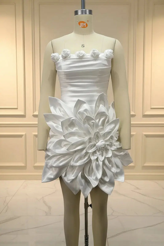 White 3D Flower Applique Mini Dress mannequin front view · nz-bg-v1