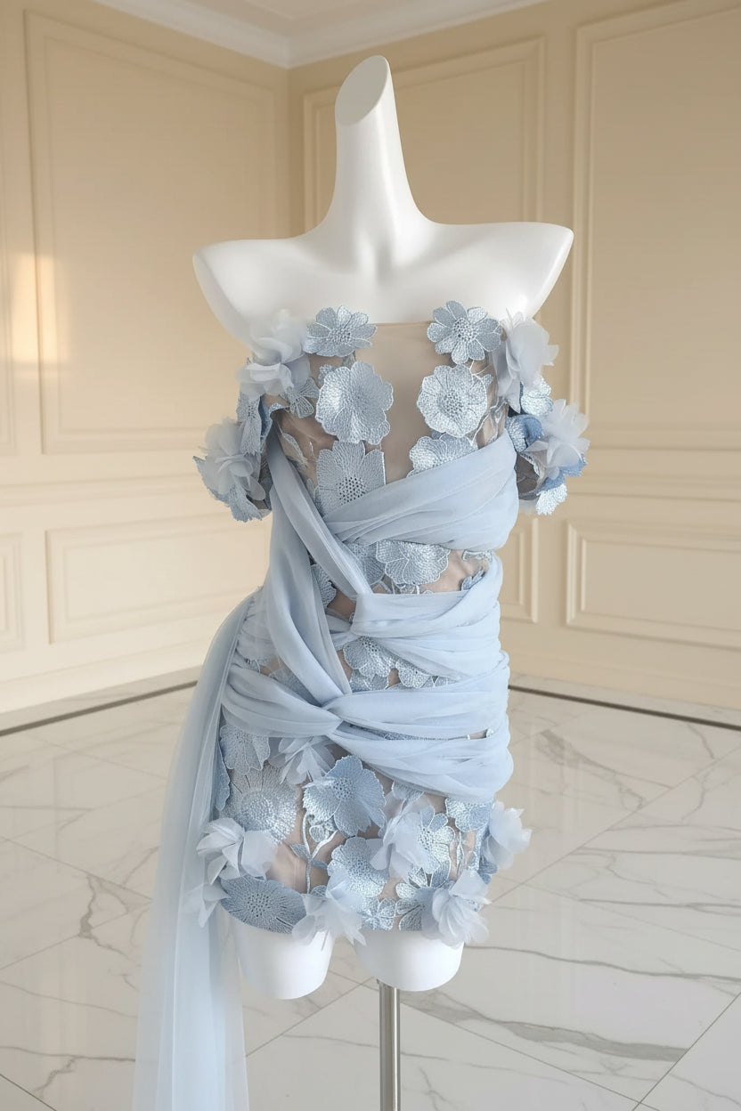 Baby Blue 3D Floral Off-Shoulder Mini Dress front view · nz-bg-v1