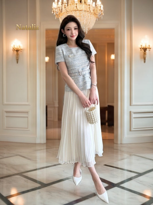 Belted Top & Pleated Maxi Skirt Set model front view